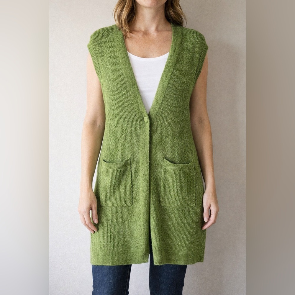 ICHI Olive Green LONG Cardigan Knit Vest XS - bohemian cottagecore preppy